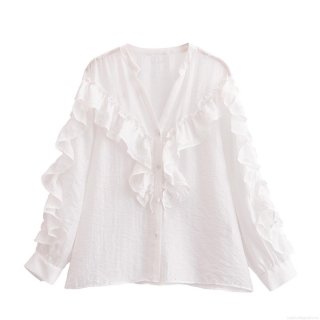Women's White Ruffle Long Sleeve Blouse V-Neck Layered Decorative Shirt Solid Color Polyester Top for Casual Daily Date Wear Office Lady Fashion Sweet Style Shirt