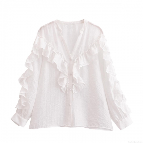 Women's White Ruffle Long Sleeve Blouse V-Neck Layered Decorative Shirt Solid Color Polyester Top for Casual Daily Date Wear Office Lady Fashion Sweet Style Shirt