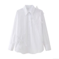Women's Elegant White Long Sleeve Blouse Shirt With 3D Floral Applique Sequins Embroidery Fashion Button Down Top For Party Casual Spring Autumn
