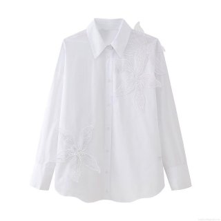 Women's Elegant White Long Sleeve Blouse Shirt With 3D Floral Applique Sequins Embroidery Fashion Button Down Top For Party Casual Spring Autumn