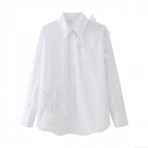 Women's Elegant White Long Sleeve Blouse Shirt With 3D Floral Applique Sequins Embroidery Fashion Button Down Top For Party Casual Spring Autumn