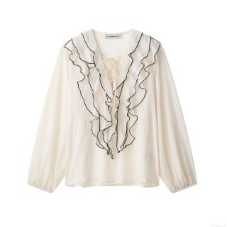 Women Elegant Long Sleeve Blouse 100% Polyester Crinkled Texture Ruffle Trim V Neck Tie Front Shirt Contrast Piping Chic Top for Lady Daily Casual Wear