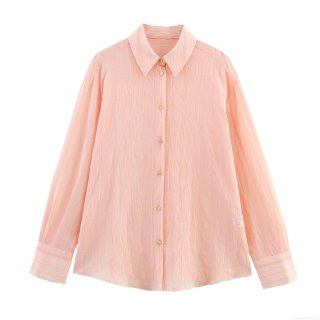 Women's Vertical Texture Polyester Shirt Lightweight Sun Protection Long Sleeve Button Up Cardigan Elegant Peach Pink Blouse Casual Summer Tops