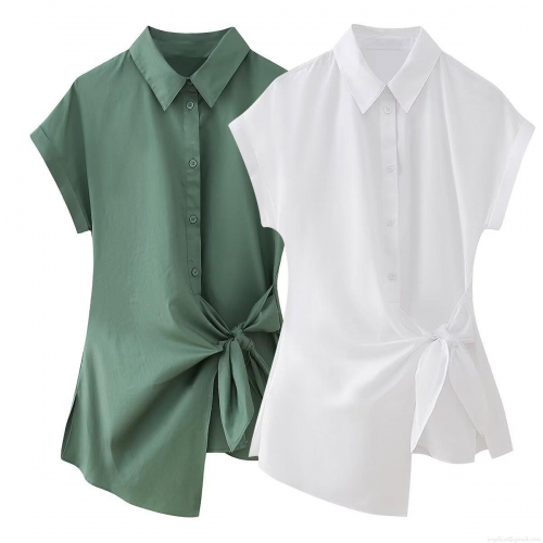 Women Poplin Short Sleeve Shirt Lapel Button Down Tie Waist Knot Blouse Irregular Hem Solid Color Summer Casual Office Tops Ladies Elegant Commute Fashion Clothing
