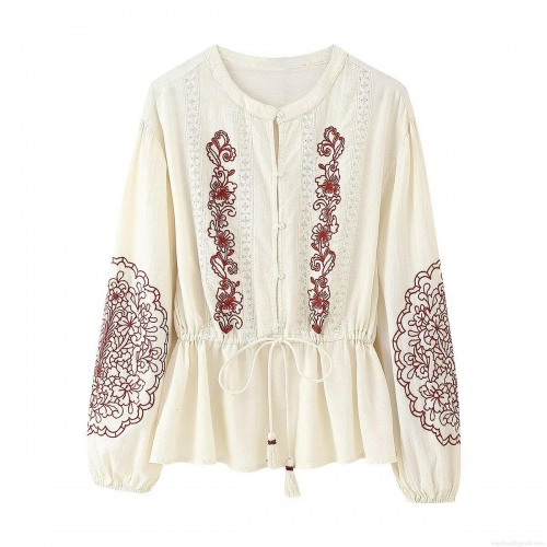 Women's Bohemian Ethnic Floral Embroidery Blouse Vintage Round Neck Lantern Sleeve Lace Patchwork Drawstring Waist Peplum Shirt Top