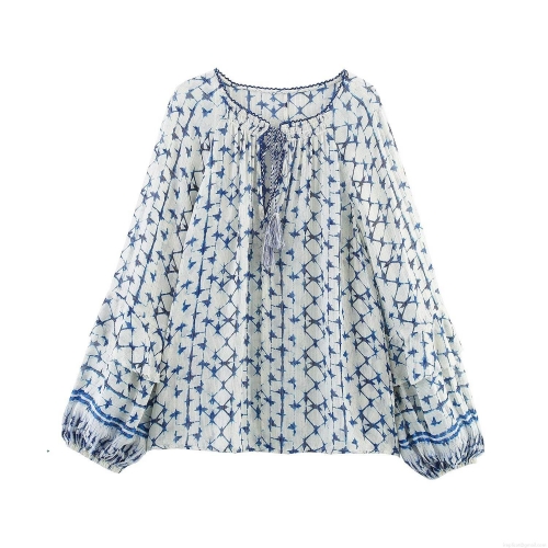 Women Bohemian Blue Star Print Long Sleeve Blouse With Golden Metallic Thread Ruffle Lace Trim Tassel Tie Neck Lantern Sleeve Shirt Top