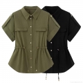 Women's Short Sleeve Linen Blend Shirt Fashion Versatile Button Down Blouse With Drawstring Waist Double Chest Pockets Safari Style Summer Casual Top