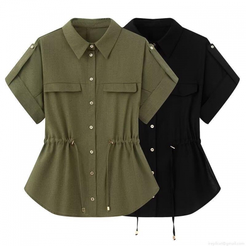 Women's Short Sleeve Linen Blend Shirt Fashion Versatile Button Down Blouse With Drawstring Waist Double Chest Pockets Safari Style Summer Casual Top