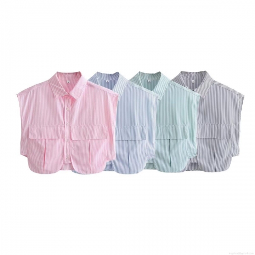 Women's Casual Striped Sleeveless Shirt Polyester Lapel Single Breasted Cropped Blouse With Big Pockets For Summer Daily Fashion Tops