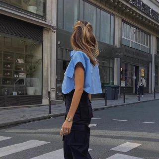 Women's Fashion Casual Polyester Short Shirt Blouse With Dual Pockets Single Breasted Cap Sleeve Solid Color Workwear Crop Top For Women Daily Streetwear