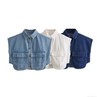 Women's Fashion Sleeveless Denim Vest Shirt Polyester Button Down Crop Top with Double Pockets Casual Lapel Waistcoat for Summer Party Daily Wear