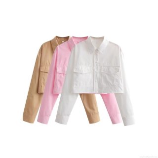 Women's Crop Workwear Style Shirt 100% Polyester Solid Color Long Sleeve Button Down Blouse With Double Pockets For Daily Casual Wear