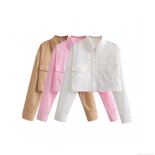 Women's Crop Workwear Style Shirt 100% Polyester Solid Color Long Sleeve Button Down Blouse With Double Pockets For Daily Casual Wear