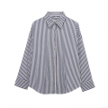 Women Fashion Striped Long Sleeve Lapel Shirt Blue White Vertical Stripe Button Down Blouse Commuter Elegant Polyester Cotton Blend Top For Ladies