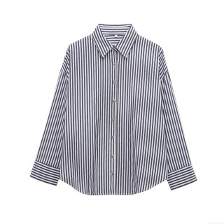 Women Fashion Striped Long Sleeve Lapel Shirt Blue White Vertical Stripe Button Down Blouse Commuter Elegant Polyester Cotton Blend Top For Ladies