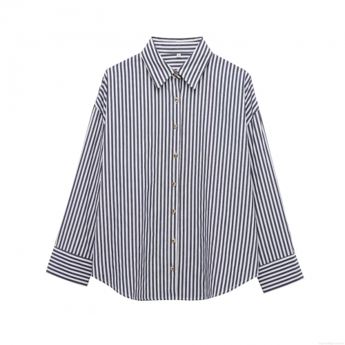 Women Fashion Striped Long Sleeve Lapel Shirt Blue White Vertical Stripe Button Down Blouse Commuter Elegant Polyester Cotton Blend Top For Ladies