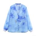 Women's Floral Chiffon Blouse Elegant V Neck Lace Patchwork Lantern Sleeve Shirt Casual Long Sleeve Top For Women