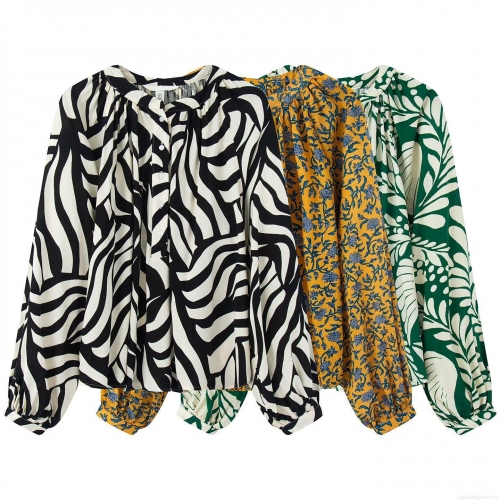 Women's French Style Floral Print Blouse Polyester Breathable Loose Fit Lantern Sleeve Round Neck Casual Tops For Ladies Daily Wear Office Appointment