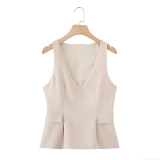 Elegant Women Deep V Neck Sleeveless Peplum Top Slim Fit Apricot Polyester Blouse With Flap Decoration Sexy Party Tank Top For Lady