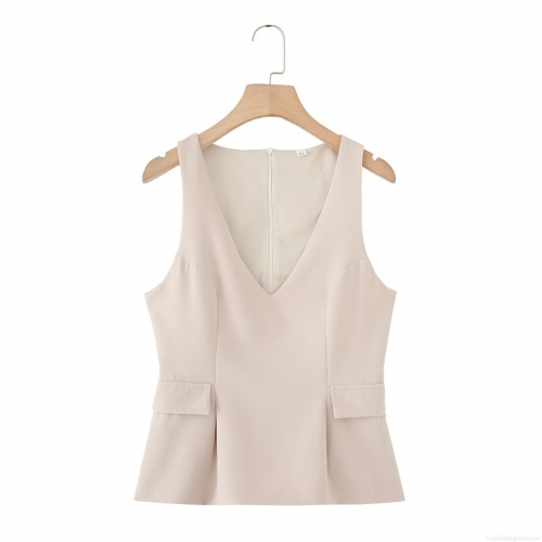 Elegant Women Deep V Neck Sleeveless Peplum Top Slim Fit Apricot Polyester Blouse With Flap Decoration Sexy Party Tank Top For Lady
