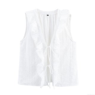 Women's Sleeveless Embroidered Lace Blouse Shirt Vintage White Eyelet Hollow Out Vest Top With Tie Neck For Daily Dating Lady Sweet Clothing