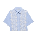 Women's Light Blue Short Sleeve Blouse With White Floral Embroidery Scalloped Edge Seersucker Textured Button Down Shirt Elegant Sweet Cropped Top For Summer Women
