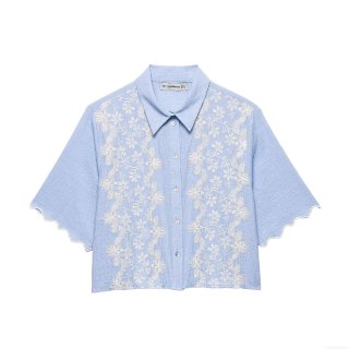 Women's Light Blue Short Sleeve Blouse With White Floral Embroidery Scalloped Edge Seersucker Textured Button Down Shirt Elegant Sweet Cropped Top For Summer Women