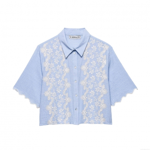 Women's Light Blue Short Sleeve Blouse With White Floral Embroidery Scalloped Edge Seersucker Textured Button Down Shirt Elegant Sweet Cropped Top For Summer Women