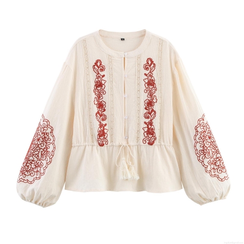 Women's Ethnic Embroidered Shirt Cotton Blend Long Lantern Sleeves Floral Embroidery Bohemian Retro Style Cream Off-White Tassel Drawstring Casual Elegant Top