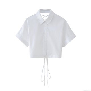 Women's White Short Sleeve Shirt Polyester Backless Cross Lace-up Drawstring Hem Single Breasted Lapel Crop Top For Summer Daily Fashion