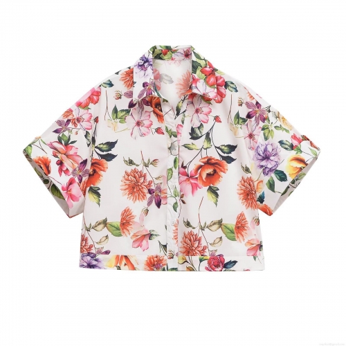 Women's Short Sleeve Floral Print Poplin Shirt Fashionable Lapel Button Down Blouse Casual Elegant Summer Tops For Women