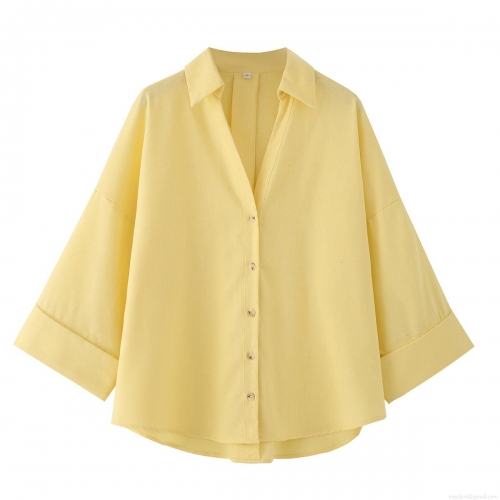 Women's Elegant V-Neck Cotton Blouse Shirt Casual Solid Color Button Down Half Sleeve Top For Office Work Daily Wear Breathable Fashion Comfortable Blouse