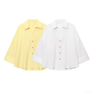 Women's Loose Oversize Blouse Linen Blend Button Down Shirt 3/4 Sleeve Solid Color Tops For Summer Casual Office Lady Fashion