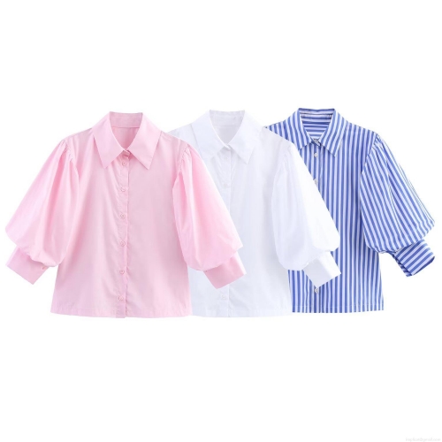 Women's Elegant Poplin Blouse Long Puff Sleeve Button Down Shirt For Office Daily Wear Fashion Sweet Solid Stripe Tops