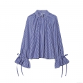 Women's Blue White Vertical Striped Polyester Blouse High Stand Collar Bell Sleeves With Bow Tie Casual Long Sleeve Shirt Elegant Office Top For Women