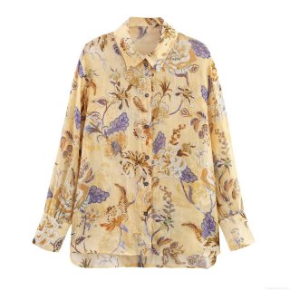 Women's Vintage Floral Print Linen Blend Shirt Long Sleeve Button Down Lapel Blouse Casual Breathable Spring Autumn Tops For Ladies