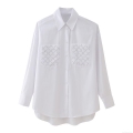 Women's Casual Long Sleeve Blouse Poplin Shirt With Silver Rivet Studded Pockets Oversized Button Down White Top For Lady
