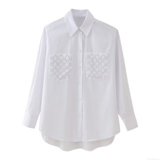 Women's Casual Long Sleeve Blouse Poplin Shirt With Silver Rivet Studded Pockets Oversized Button Down White Top For Lady