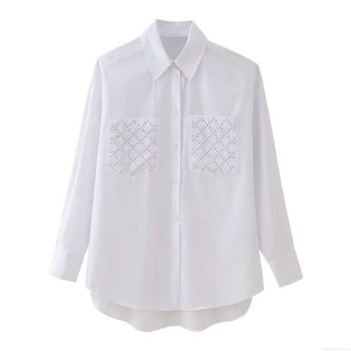 Women's Casual Long Sleeve Blouse Poplin Shirt With Silver Rivet Studded Pockets Oversized Button Down White Top For Lady