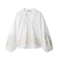 Women Elegant V Neck Embroidered Floral Shirt Button Down Long Lantern Sleeve Pleated Blouse Casual White Top For Spring Autumn Ladies