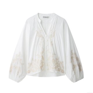 Women Elegant V Neck Embroidered Floral Shirt Button Down Long Lantern Sleeve Pleated Blouse Casual White Top For Spring Autumn Ladies
