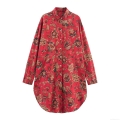 Women's Vintage Floral Print Long Sleeve Shirt Casual Button Down Poplin Blouse Red Longline Loose Fit Top For Ladies Spring Autumn Outfits