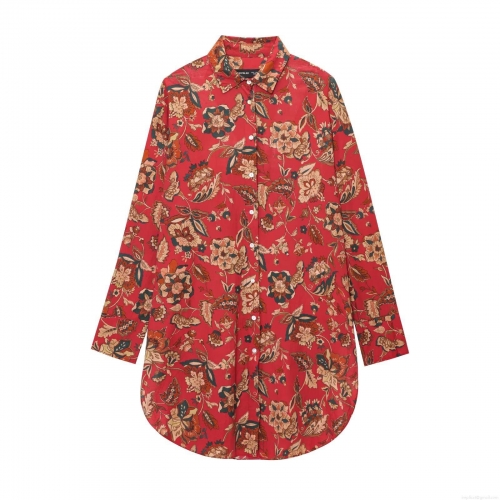 Women's Fashion Casual Long Sleeve Floral Printed Shirt Vintage Polyester Blend Button Down Longline Blouse Top For Daily Wear Streetwear