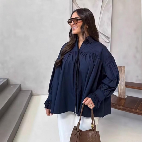 Women's Elegant Pleated Shirt Lapel Long Sleeve Ruffled Cuff Blouse Oversized Solid Color Polyester Top for Daily Commute Office Lady