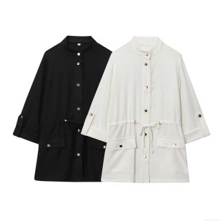 Women's Casual Linen Blend Safari Style Shirt Jacket Drawstring Waist Fashion Solid Color Long Sleeve Blouse With Metal Buttons And Pockets For Vacation