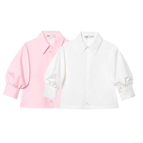 Women's Elegant Poplin Shirt Long Puff Sleeve Single-Breasted Polyester Cotton Blend Tencel-Like Blouse Solid Color Sweet Casual Office Top For Women