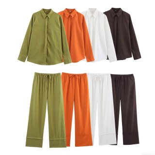 Women's Casual Linen Like Long Sleeve Shirt Or Wide Leg Drawstring Pants Solid Color Loose High Waist Trousers Office Lady Blouse Set