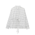 Women Fashion Black and White Plaid Shirt Jacket With Drawstring Waist and Hem Long Sleeve Turn-down Collar Zipper Closure Polyester Blend Short Coat For Daily Casual