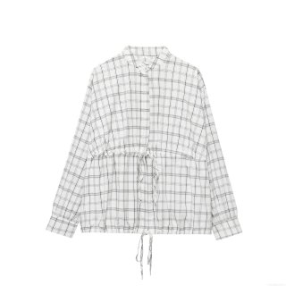 Women Fashion Black and White Plaid Shirt Jacket With Drawstring Waist and Hem Long Sleeve Turn-down Collar Zipper Closure Polyester Blend Short Coat For Daily Casual