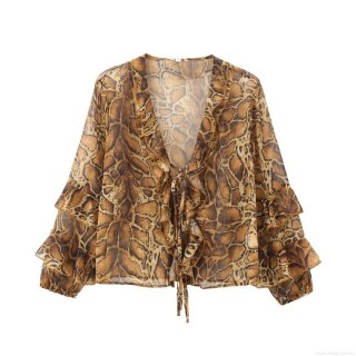 Women's Snake Skin Print Chiffon Blouse V Neck Ruffle Trim Tie Up Front Long Flare Sleeve Shirt Fashion Casual Sexy Top for Party Clubwear